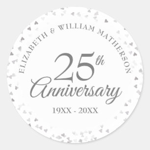 Adesivo Redondo 25 Aniversário do Silver Love Heart Confetti