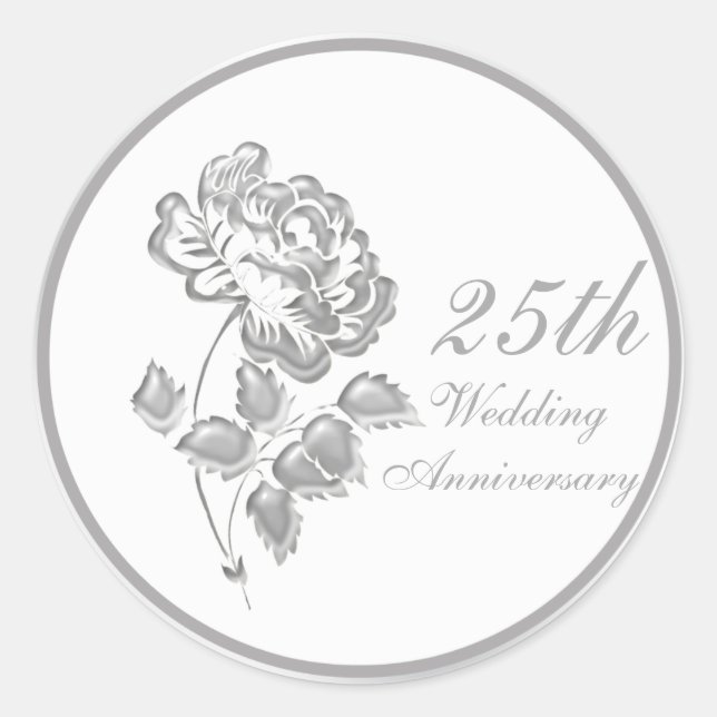 Adesivo Redondo 25 anos de Silver Peony Anniversário Sticker (Frente)