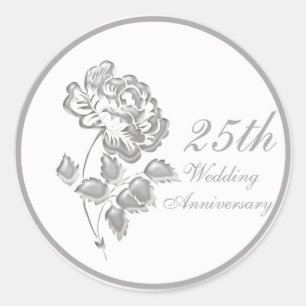 Adesivo Redondo 25 anos de Silver Peony Anniversário Sticker