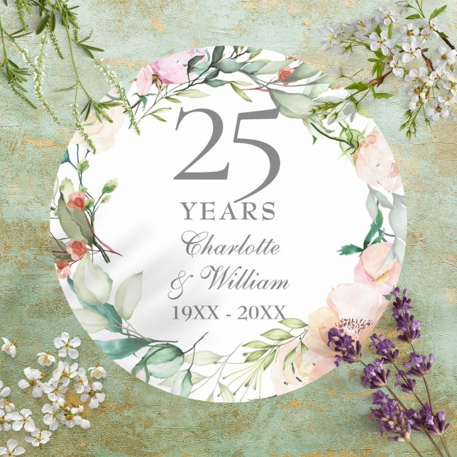 Adesivo Redondo 25 anos Rosas de aniversário de casamento em prata (25 Years Silver Wedding Anniversary Roses Floral Classic Round Sticker)