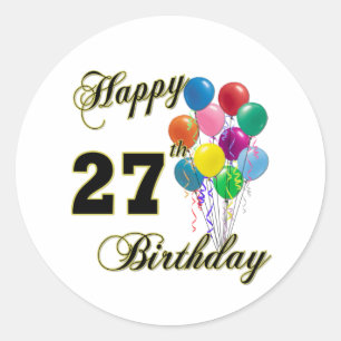 Adesivo Redondo 27os presentes de aniversário felizes com balões