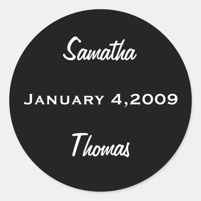Adesivo Redondo 2 Nomes com Vinheta Branca Preta com Data (Frente)