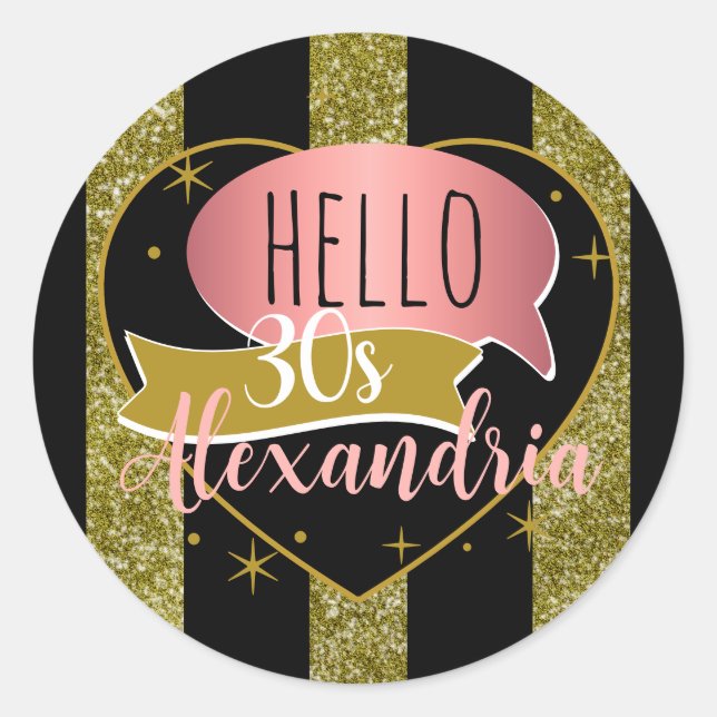 Adesivo Redondo 30 anos, olá 30 dourado brilho faixa coração (Frente)