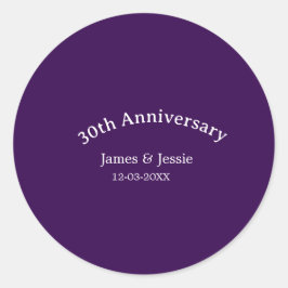 Adesivo Redondo 30th wedding anniversary name date purple simple 
