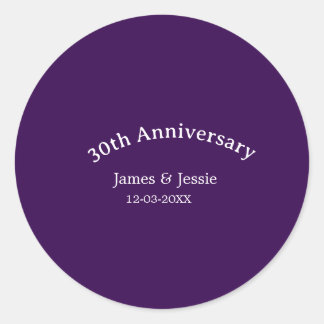 Adesivo Redondo 30th wedding anniversary name date purple simple