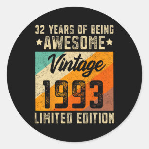 Adesivo Redondo 32º Aniversário do Homem 32 anos Mulheres de 1993 