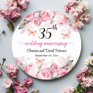 Adesivo Redondo 35º Aniversário de Bodas de Coral Rosas Cor-de-Ros