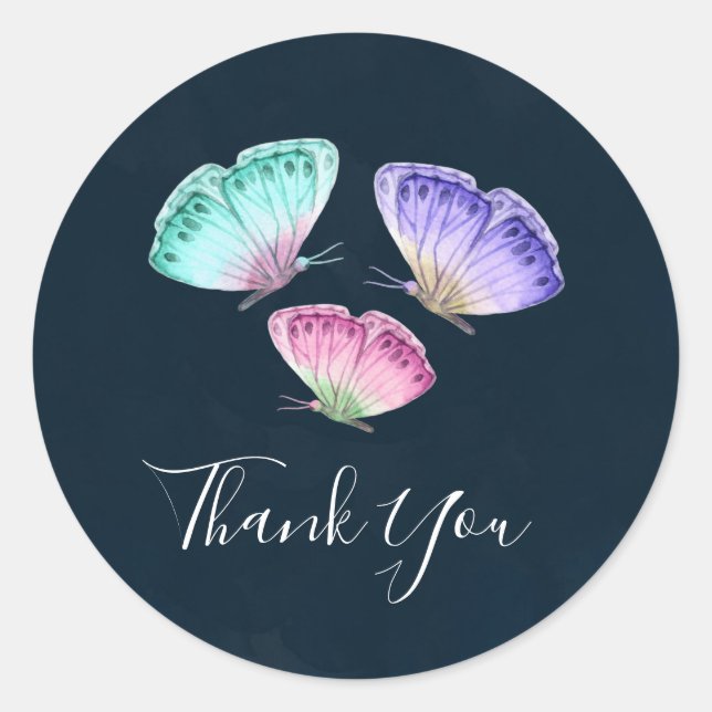 Adesivo Redondo 3 Borboletas Bonito de Aquarela Pastel Obrigado (Frente)