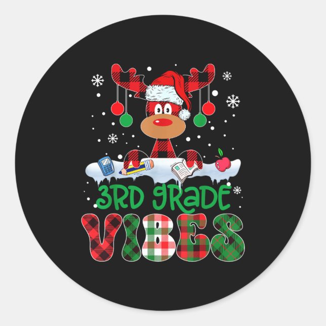 Adesivo Redondo 3rd Grade Vibes Teacher Buffalo Red Plaid Reindeer (Frente)
