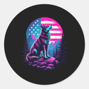 Adesivo Redondo 4º De Julho De American Flag Howling Wolf Sob Os E
