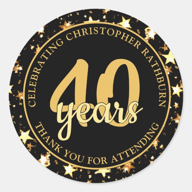 Adesivo Redondo 40º Aniversário Estrelas Preto e Dourado OBRIGADO (Frente)