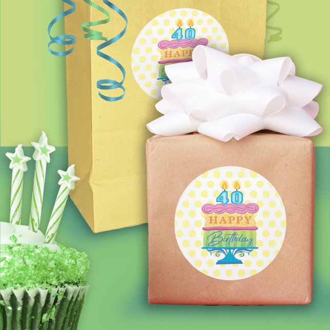 Adesivo Redondo 40º aniversário feliz Bolo pontos amarelos (Criador carregado)