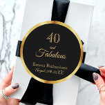 Adesivo Redondo 40 and fabulous black gold name<br><div class="desc">Elegant, classic, and simple 40 and fabulous birthday sticker. Chic classic black background color with a faux gold frame. The text: 40 and fabulous. Templates for her name and a date. Date of birth or the date of the party. Golden letters. Perfect for party favors or as a save the...</div>