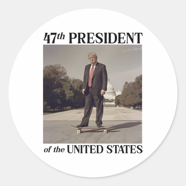 Adesivo Redondo 47º Presidente Donald Trump no skate (Frente)