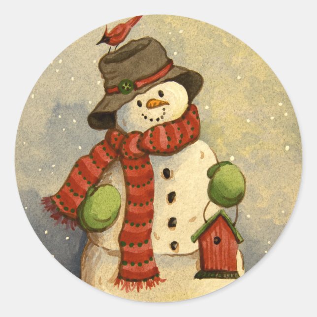 Adesivo Redondo 4905 Snowman e Birdhouse Natal (Frente)