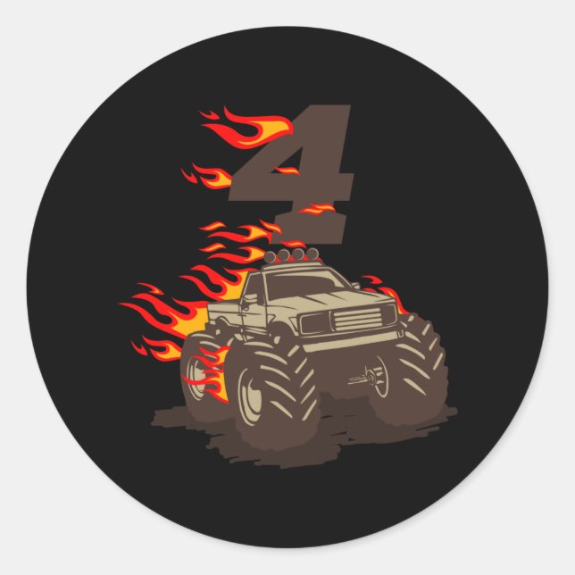 Adesivo Redondo 4 ANIVERSÁRIO MONSTER TRUCK 4th Birthday Boy Truck (Frente)