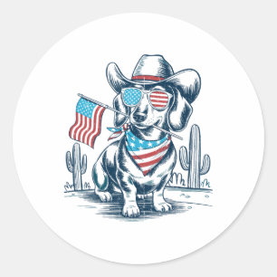 Adesivo Redondo 4 De Julho Dachshund Patriótico Cowboy Cão EUA Fla