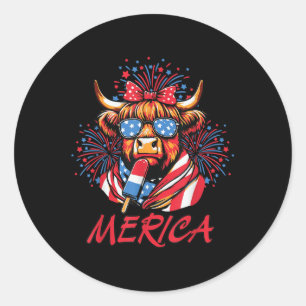 Adesivo Redondo 4 De Julho De Highland Cow Popsicice Fireworks Usa