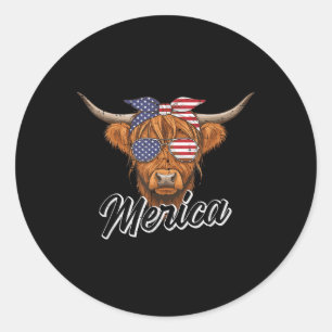 Adesivo Redondo 4 de julho Highland Cow Merica American Fazenda Me