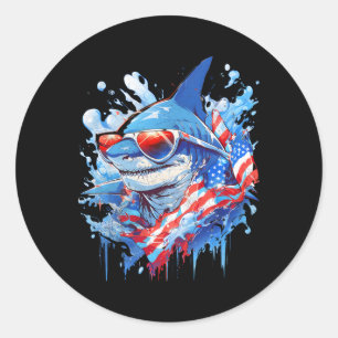 Adesivo Redondo 4 de julho Patriotic Funny Shark Sungles Independe
