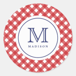 Adesivo Redondo 4 De Julho Red Checks Blue Monograma Party Sticker