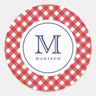 Adesivo Redondo 4 De Julho Red Checks Blue Monograma Party Sticker
