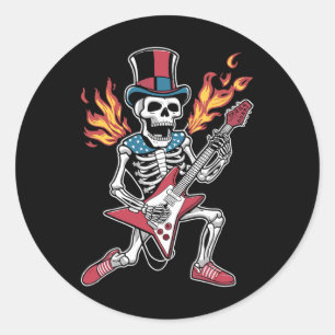 Adesivo Redondo 4 de julho Skeleton tocando guitarra Rock and Roll