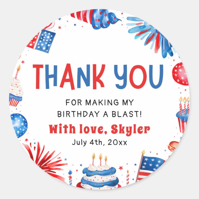 Adesivo Redondo 4 de julho Vermelho Azul Azul Aniversário Obrigado (Frente)