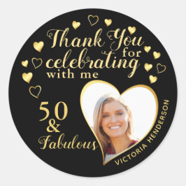 Adesivo Redondo 50ª Festa de aniversário Preta e Dourada Obrigado