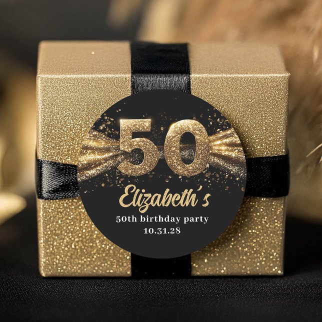 Adesivo Redondo 50ª Festa de aniversário, preto moderno e Dourado (50th Birthday Stickers)