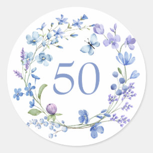 Adesivo Redondo 50º Aniversário Azul Floral