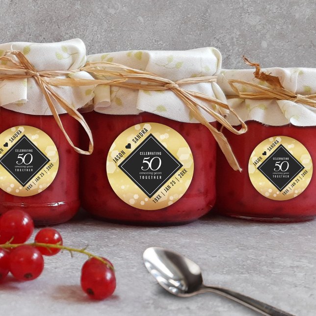 Adesivo Redondo 50º aniversário de casamento do Ouro Elegante (Elegant 50th Golden Wedding Anniversary Round Sticker Cover Photo.)