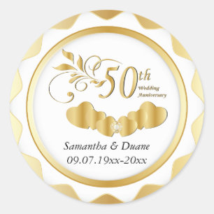 Adesivo Redondo 50º aniversário Dourado do Casamento Cardíaco