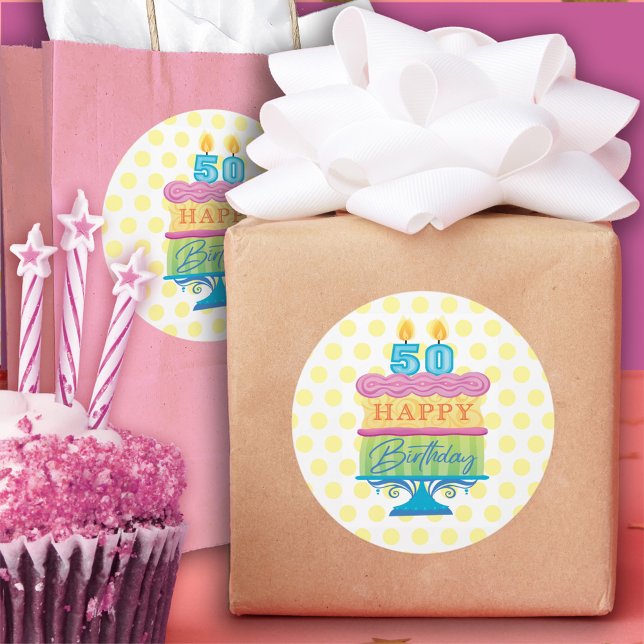 Adesivo Redondo 50º aniversário feliz Bolo pontos amarelos (Criador carregado)