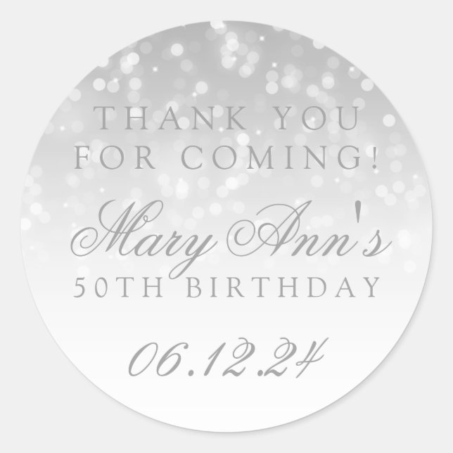 Adesivo Redondo 50º aniversário Obrigado Silver Bokeh Sparkle Ligh (Frente)