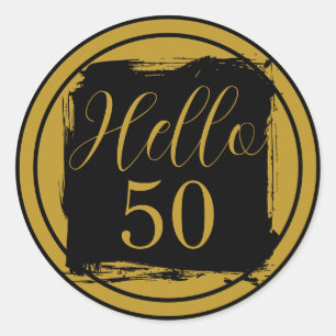 Adesivo Redondo 50º Aniversário Olá 50 Preto Dourado