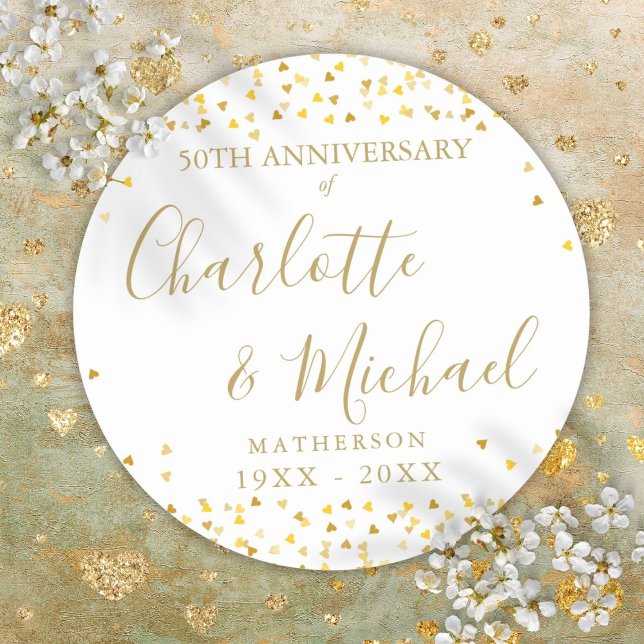 Adesivo Redondo 50º aniversário Signature Ouro Love Hearts (50th Anniversary Signature Golden Love Hearts Classic Round Sticker)