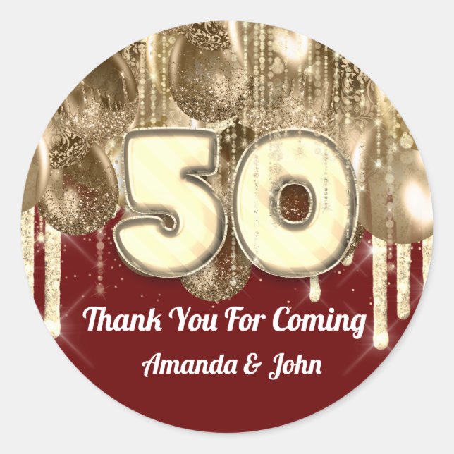 Adesivo Redondo 50º Burgundy BALLONS DOURADO Obrigado por vir (Frente)