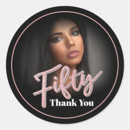 Adesivo Redondo 50.º Aniversário do roteiro de fotos rosa rosa a f