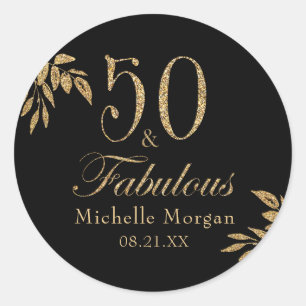Adesivo Redondo 50 e fabulosa Festa de aniversário Dourada brilhan