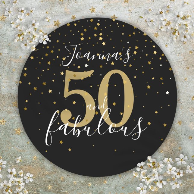 Adesivo Redondo 50 e Fabuloso Aniversário de 50 anos Dourado Preto (50 and Fabulous 50th Birthday Gold Black Script Classic Round Sticker)