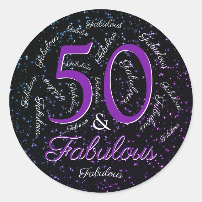 Adesivo Redondo 50 E Fabuloso Aniversário, Grelha Elegante Púrpura (Frente)
