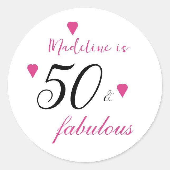 Adesivo Redondo 50 fabulosos corações, cor-de-rosa, 50 anos (Frente)