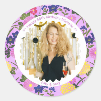 Adesivo Redondo 50th birthday photo name pink floral elegant