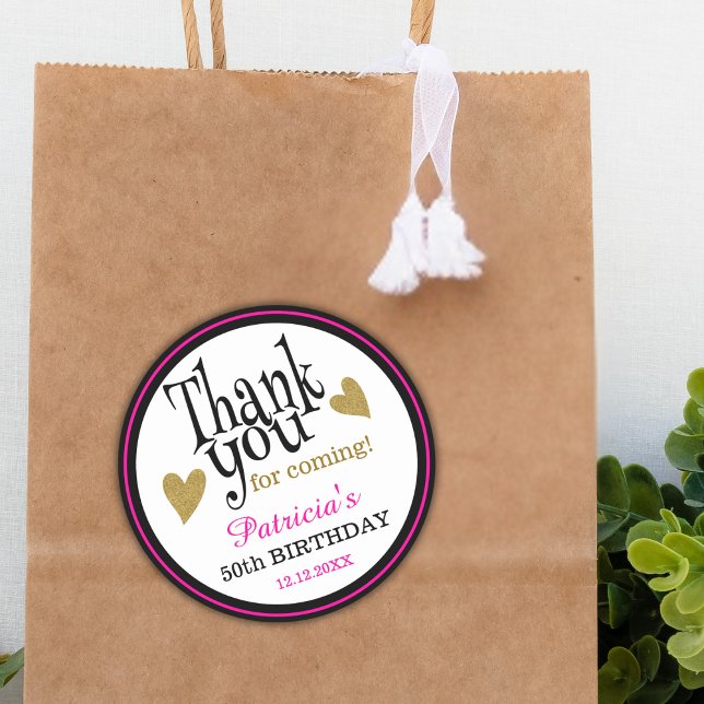 Adesivo Redondo 50th Birthday Pink Black And Gold Thank You Favor (Criador carregado)
