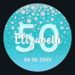 Adesivo Redondo 50th birthday teal blue green glitter name diamond<br><div class="desc">An elegant, glamorous and girly 50th birthday party sticker. Teal, blue green colored faux glitter with faux diamond sprinkle and a golden frame. Templates for a name, age 50 and a date. Date of birth or the date of the party/anniversary. White and teal colored letters. The name is written with...</div>