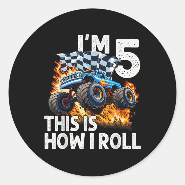 Adesivo Redondo 5 Birthday Boys Im 5 É Assim Que Eu Rolo Monstro (Frente)