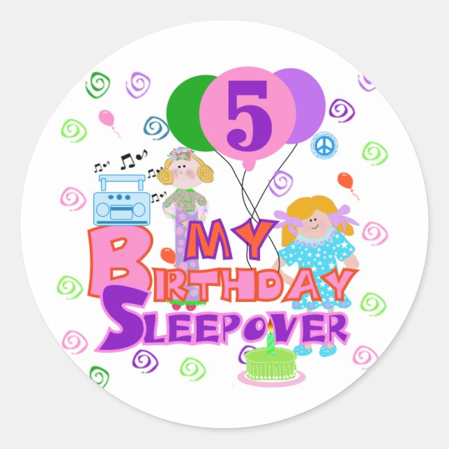Adesivo Redondo 5 Birthday Sleepover Camiseta e presentes (Frente)