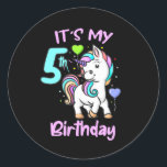 Adesivo Redondo 5 Birthday Unicorn Kids Dons Para Meninas<br><div class="desc">Este lindo unicórnio é um presente de excelente aniversário para meninas que estão fazendo 5 anos. Para crianças que gostam de unicórnios e pôneis. Perfeito para uma festa de aniversário para a neta ou filha.</div>