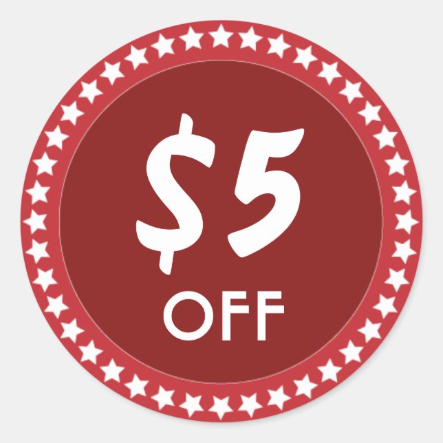Adesivo Redondo 5 Dólares OFF Sales Discount Red Sticker (Frente)